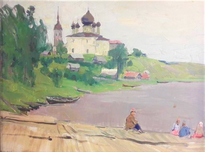 Картина пейзаж. Церковь на берегу реки и дети 